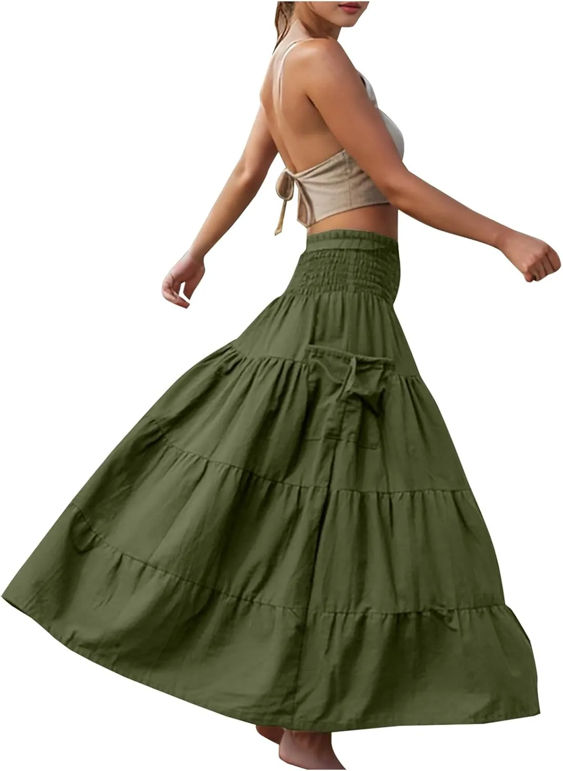 Maxi Boho Skirt Elastic High Waist Pleated Ruffle Flowy Long Skirts Cotton Hippie Bohemian Elastic Gypsy Skirt