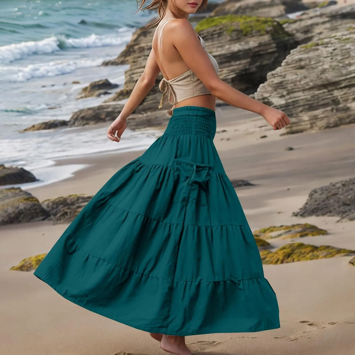 Maxi Boho Skirt Elastic High Waist Pleated Ruffle Flowy Long Skirts Cotton Hippie Bohemian Elastic Gypsy Skirt