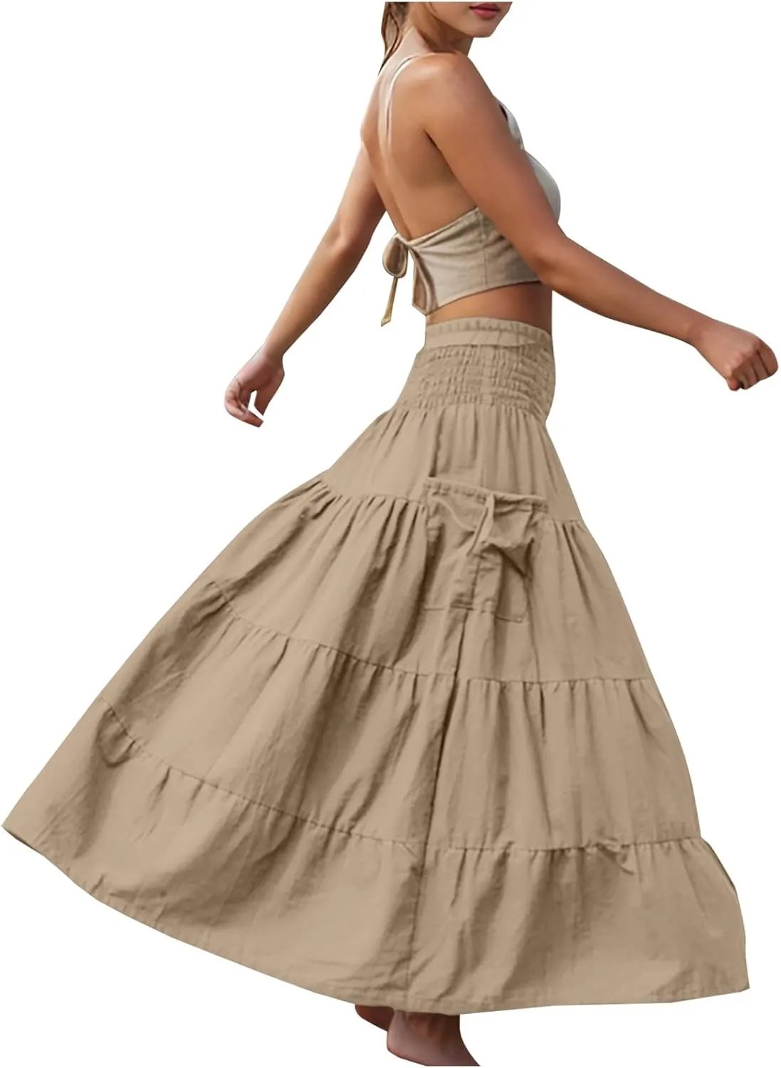Maxi Boho Skirt Elastic High Waist Pleated Ruffle Flowy Long Skirts Cotton Hippie Bohemian Elastic Gypsy Skirt