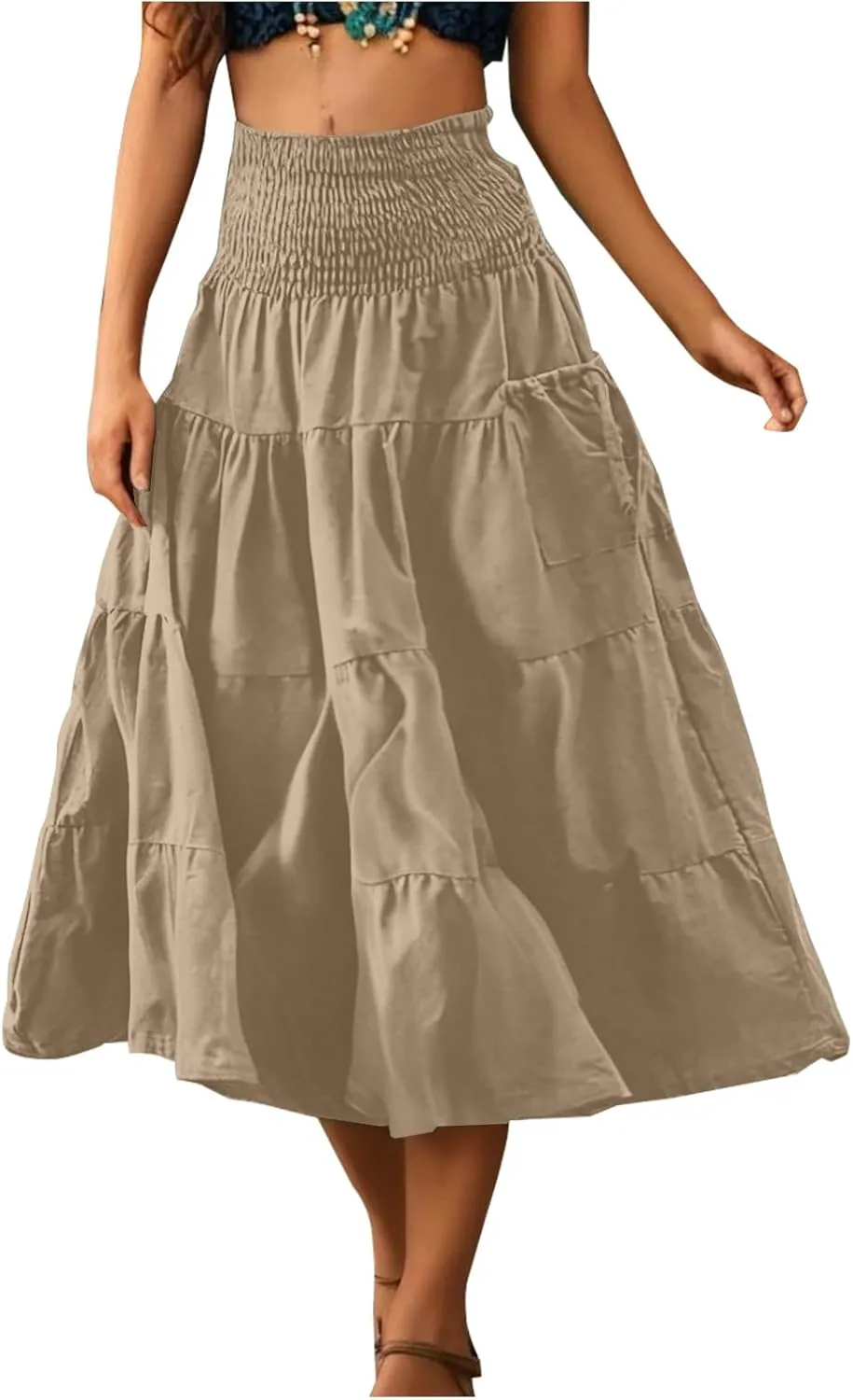 Maxi Boho Skirt Elastic High Waist Pleated Ruffle Flowy Long Skirts Cotton Hippie Bohemian Elastic Gypsy Skirt