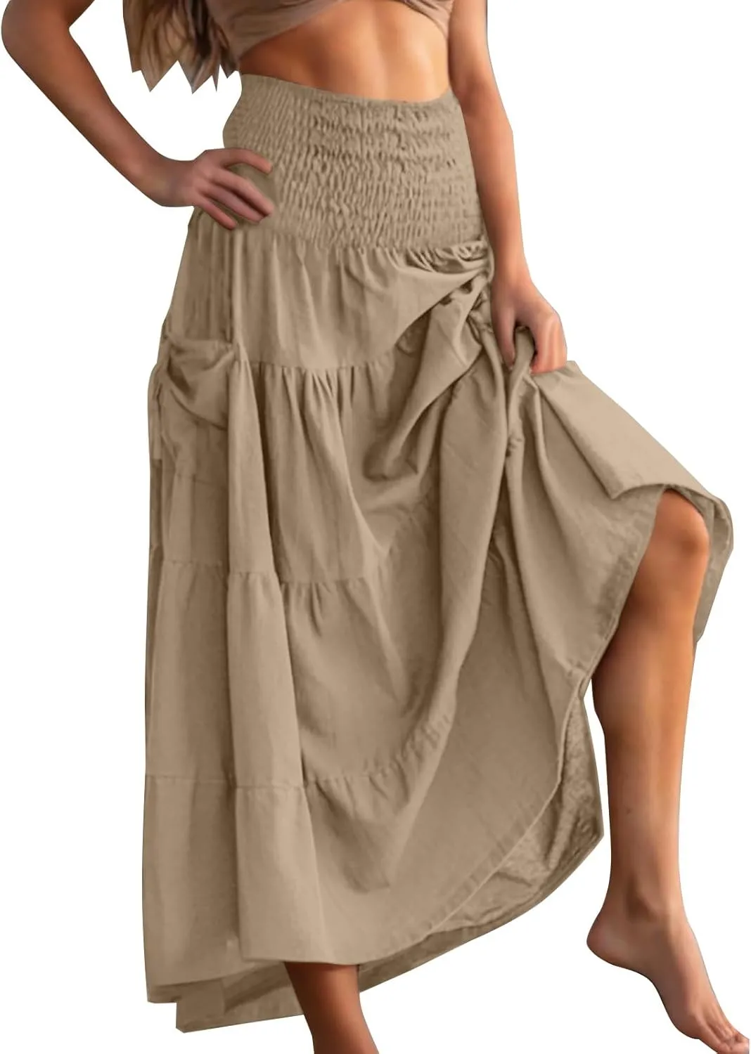Maxi Boho Skirt Elastic High Waist Pleated Ruffle Flowy Long Skirts Cotton Hippie Bohemian Elastic Gypsy Skirt