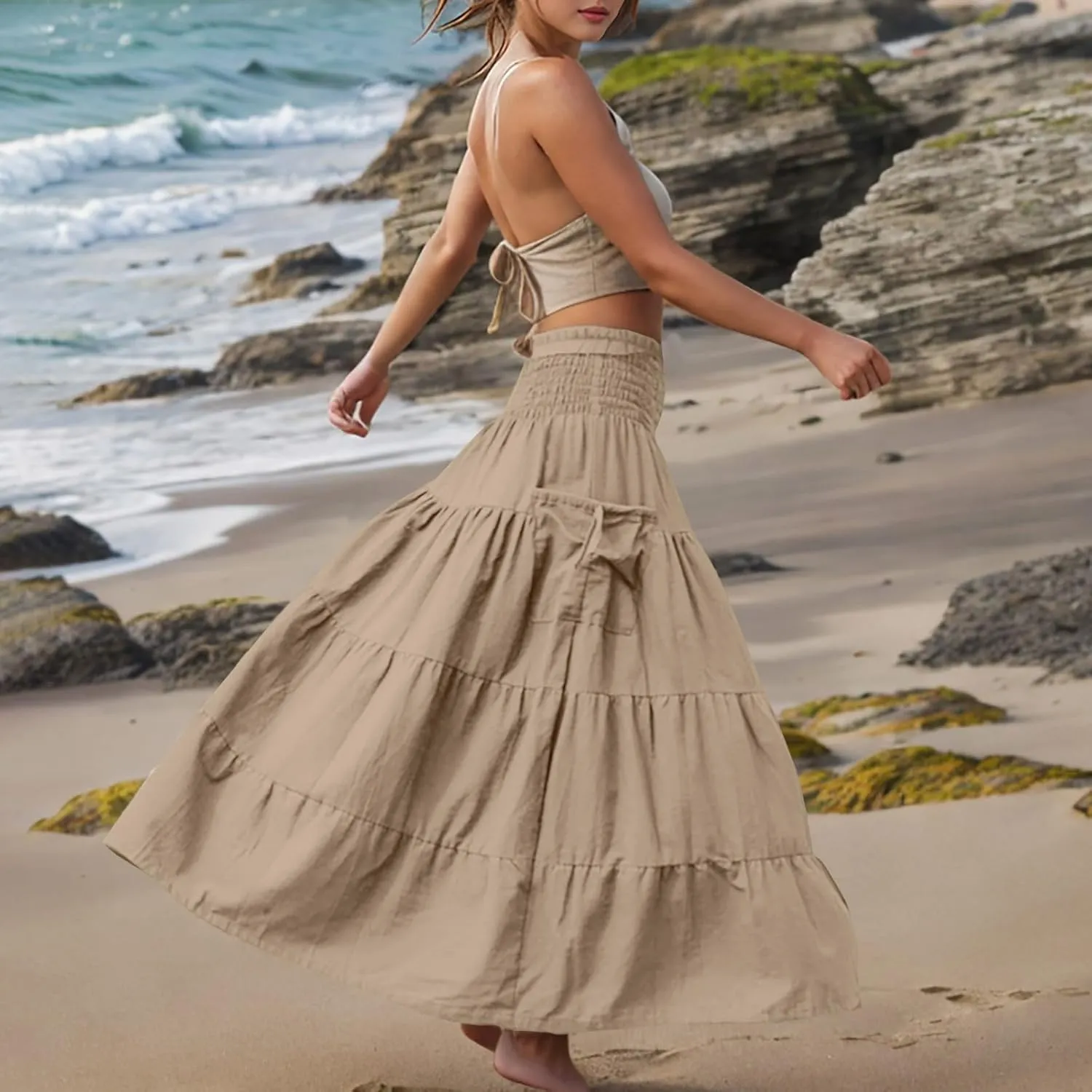 Maxi Boho Skirt Elastic High Waist Pleated Ruffle Flowy Long Skirts Cotton Hippie Bohemian Elastic Gypsy Skirt