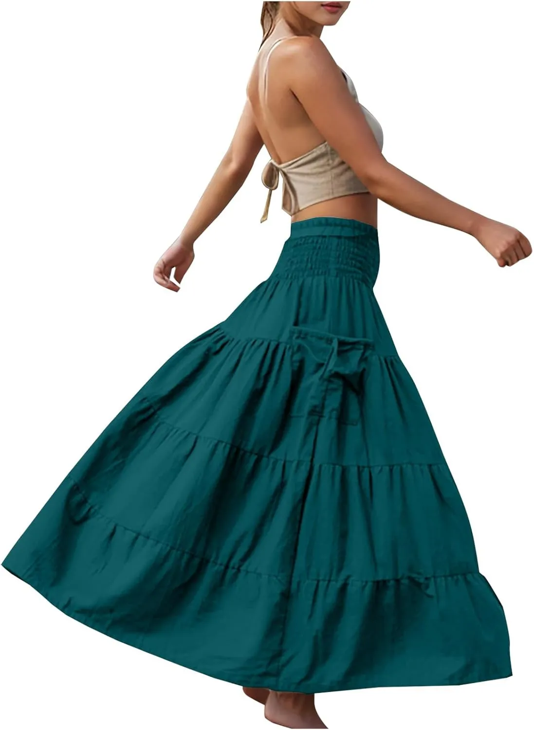 Maxi Boho Skirt Elastic High Waist Pleated Ruffle Flowy Long Skirts Cotton Hippie Bohemian Elastic Gypsy Skirt