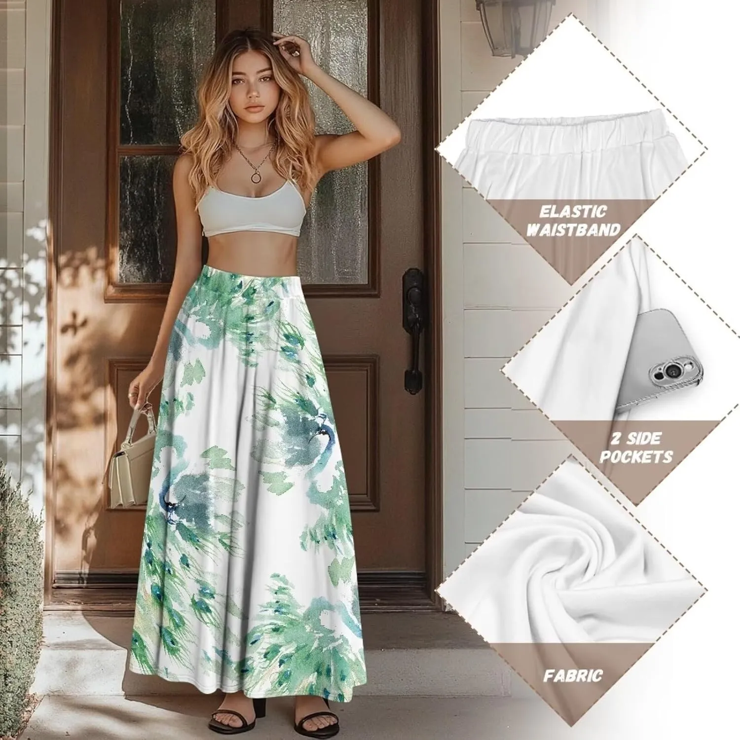 Maxi Skirts for Women Elastic Waist High Waist Long Skirts Casual A-Line Flowy Skirts for Women