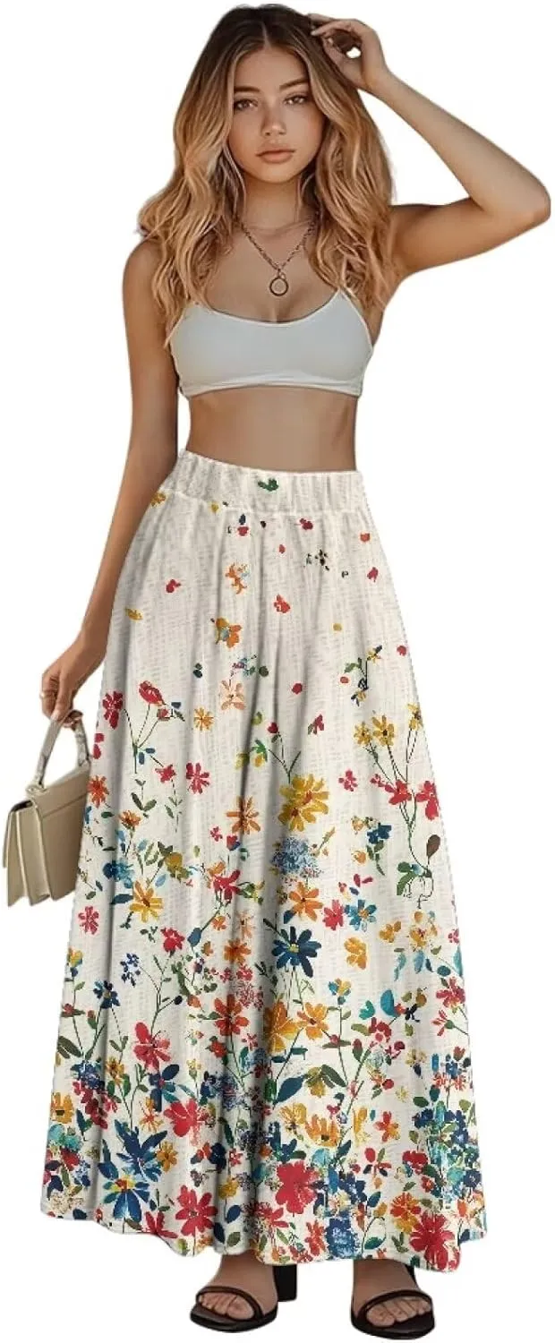 Maxi Skirts for Women Elastic Waist High Waist Long Skirts Casual A-Line Flowy Skirts for Women