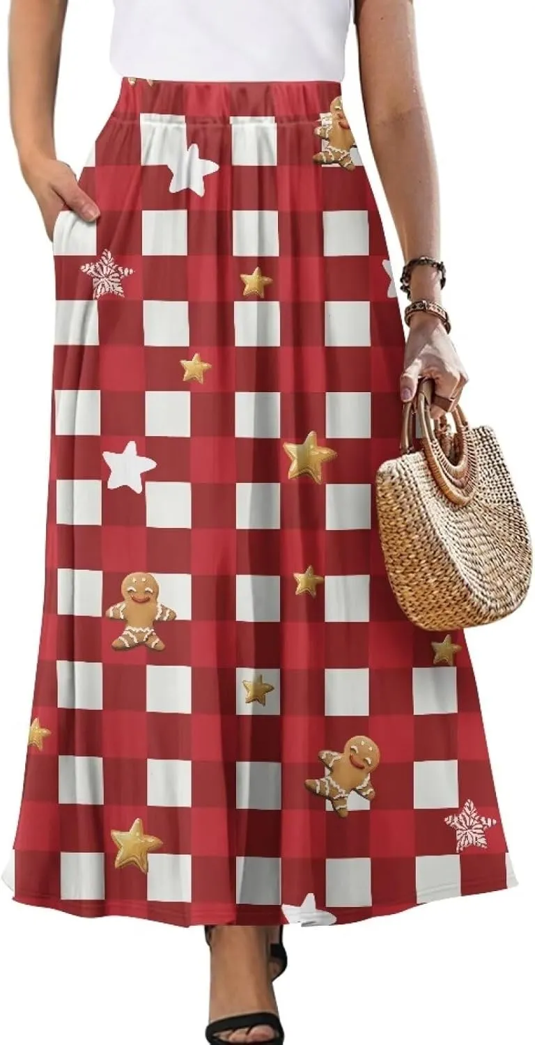 Maxi Skirts for Women Elastic Waist High Waist Long Skirts Casual A-Line Flowy Skirts for Women
