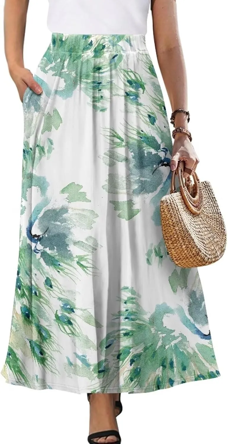 Maxi Skirts for Women Elastic Waist High Waist Long Skirts Casual A-Line Flowy Skirts for Women