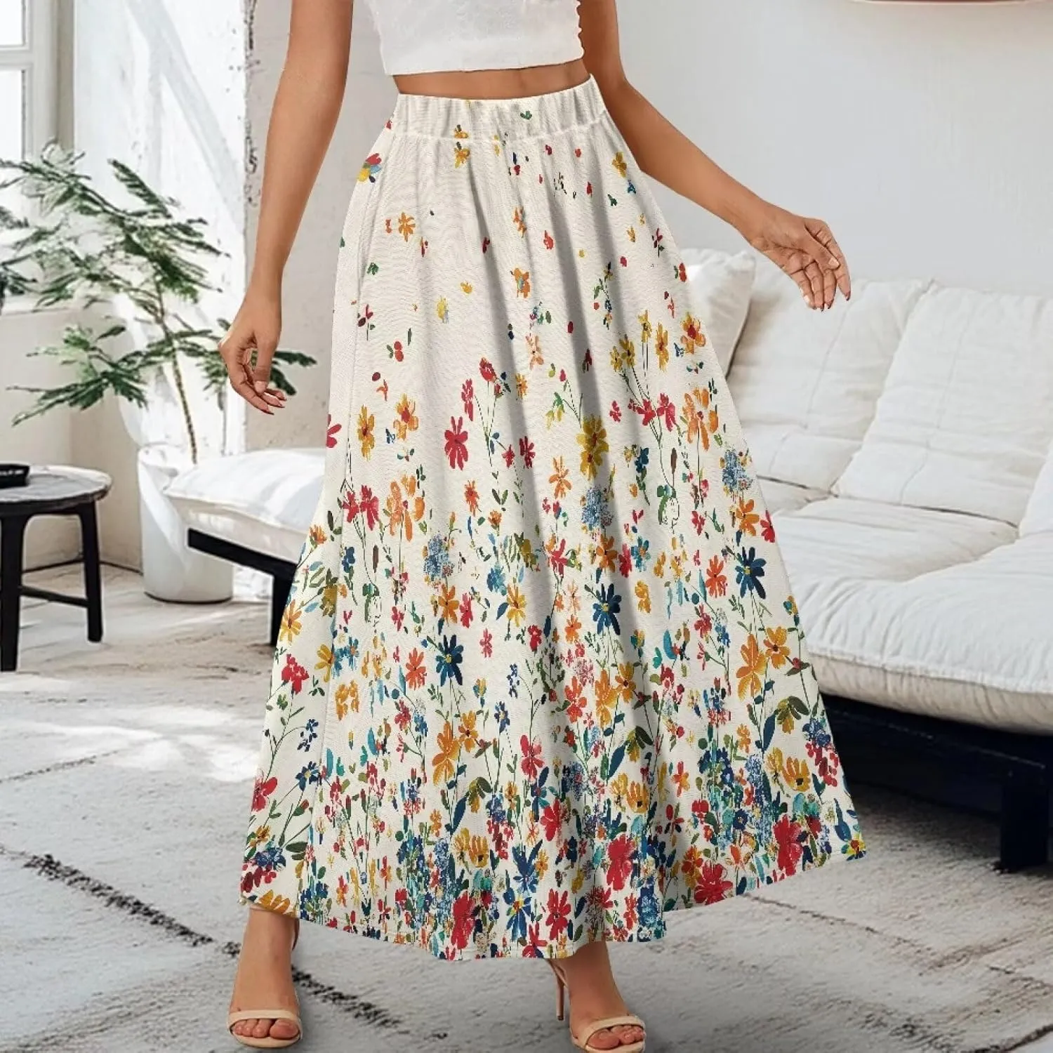 Maxi Skirts for Women Elastic Waist High Waist Long Skirts Casual A-Line Flowy Skirts for Women