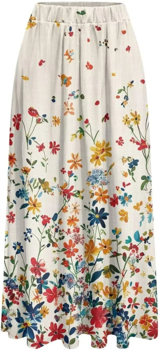 Maxi Skirts for Women Elastic Waist High Waist Long Skirts Casual A-Line Flowy Skirts for Women