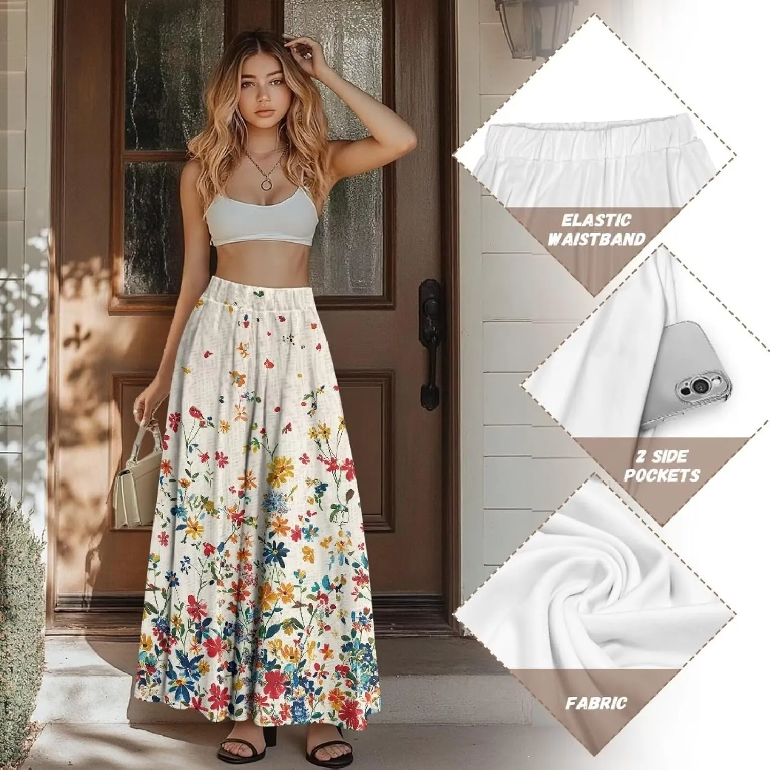 Maxi Skirts for Women Elastic Waist High Waist Long Skirts Casual A-Line Flowy Skirts for Women