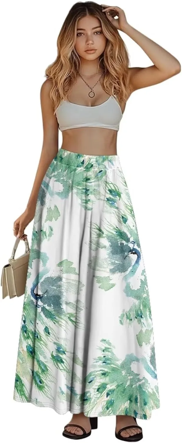 Maxi Skirts for Women Elastic Waist High Waist Long Skirts Casual A-Line Flowy Skirts for Women