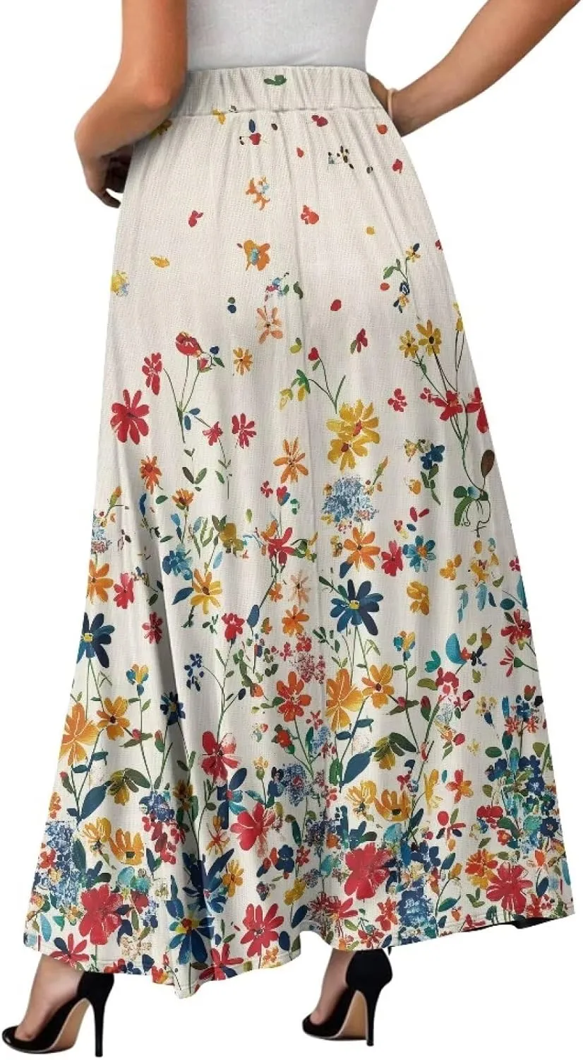 Maxi Skirts for Women Elastic Waist High Waist Long Skirts Casual A-Line Flowy Skirts for Women