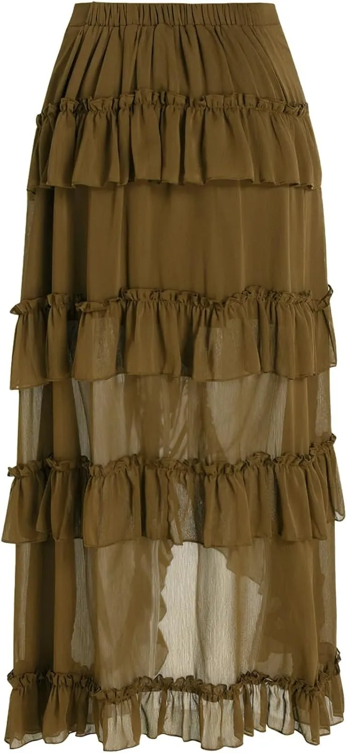 Maxi Skirts for Women Women's Halloween Skirt Irregular Ruffled Skirt Plus Size Skirts Mesh Steampunk Skirt