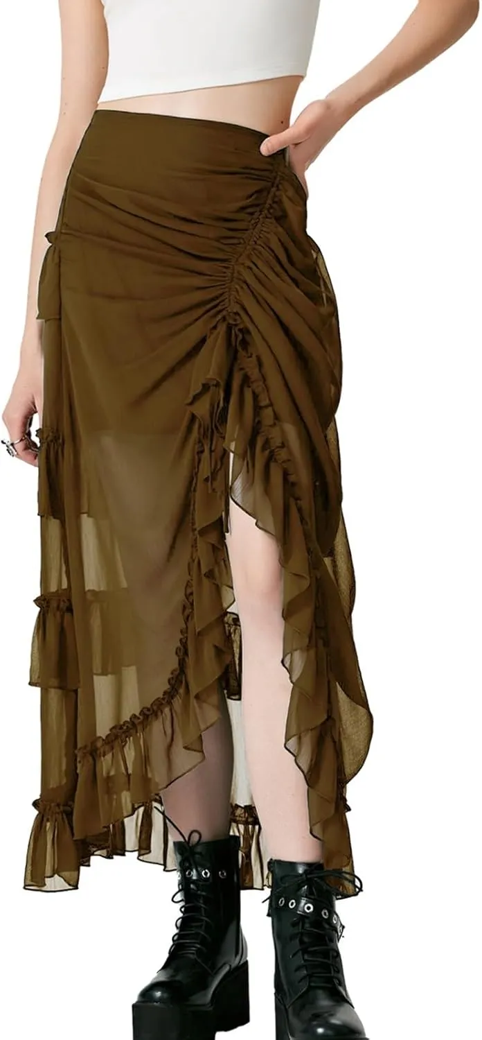 Maxi Skirts for Women Women's Halloween Skirt Irregular Ruffled Skirt Plus Size Skirts Mesh Steampunk Skirt