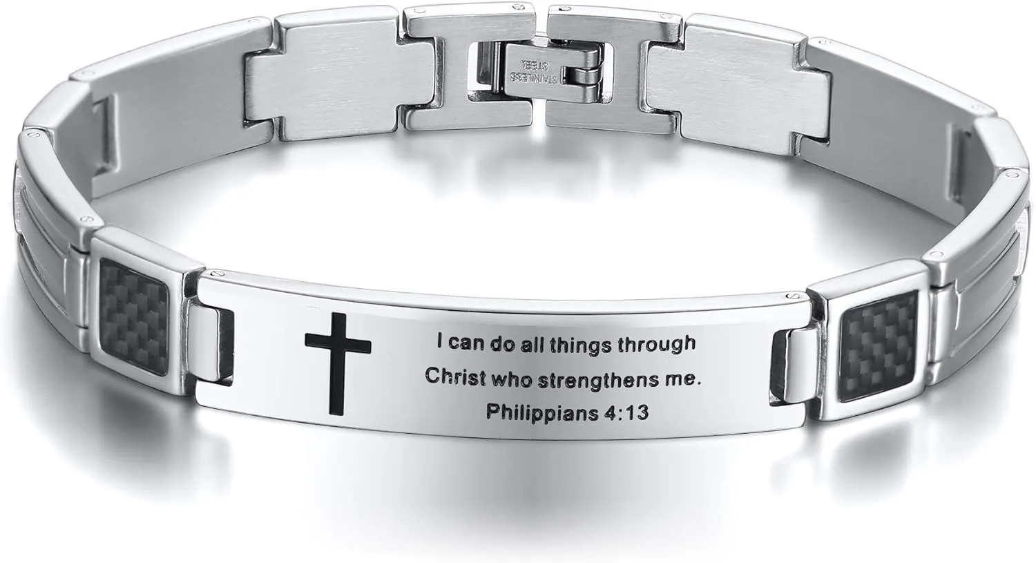 MEALGUET Stainless Steel Religous Scripture Quote Faith Christian Bible Verse Inspirational Cross Carbon Fiber Link Bracelet for Men