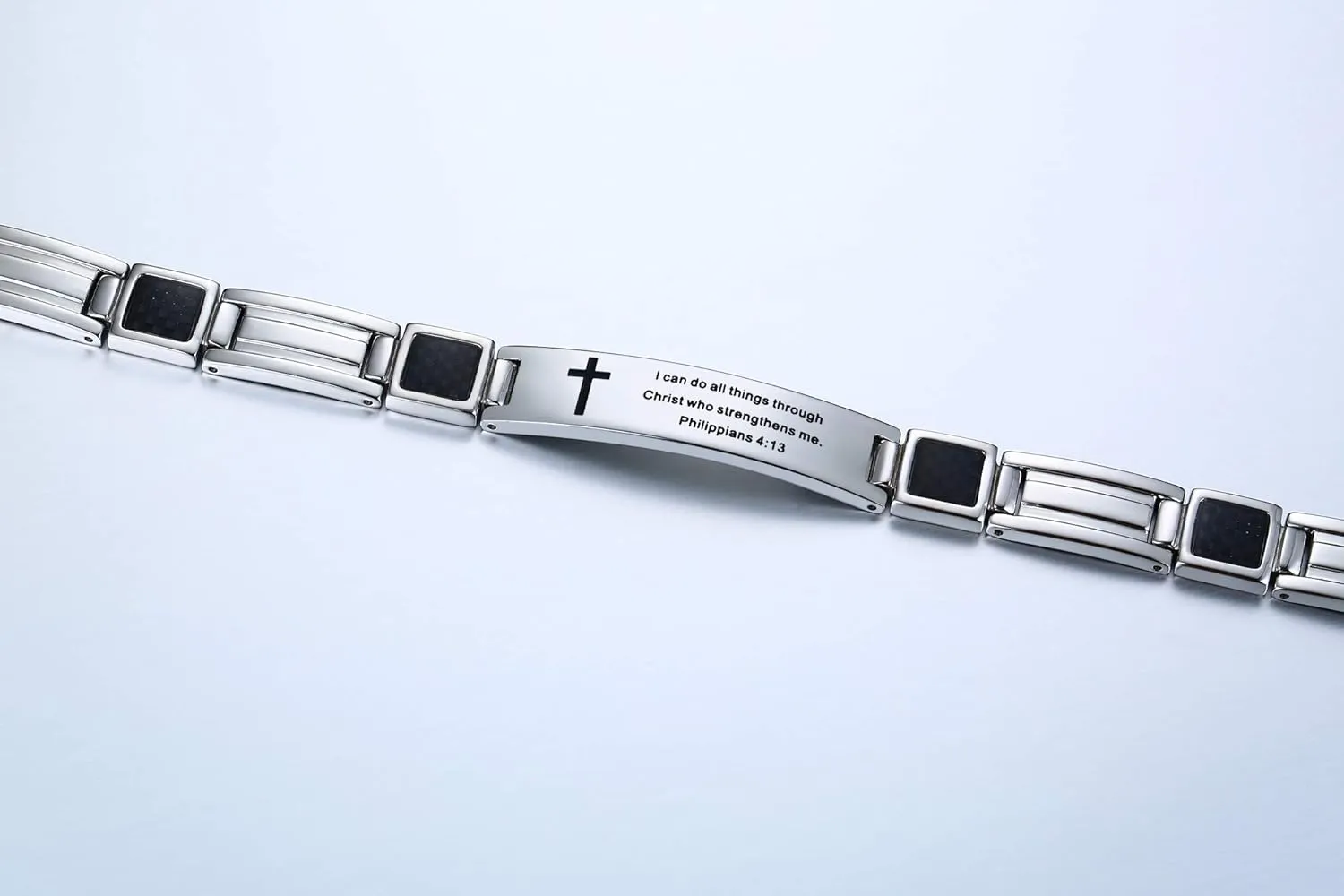 MEALGUET Stainless Steel Religous Scripture Quote Faith Christian Bible Verse Inspirational Cross Carbon Fiber Link Bracelet for Men