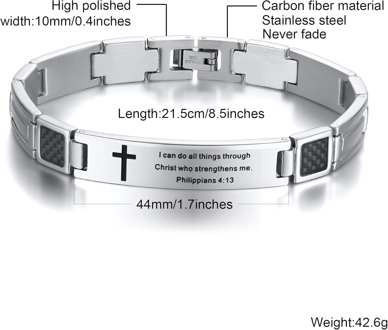 MEALGUET Stainless Steel Religous Scripture Quote Faith Christian Bible Verse Inspirational Cross Carbon Fiber Link Bracelet for Men