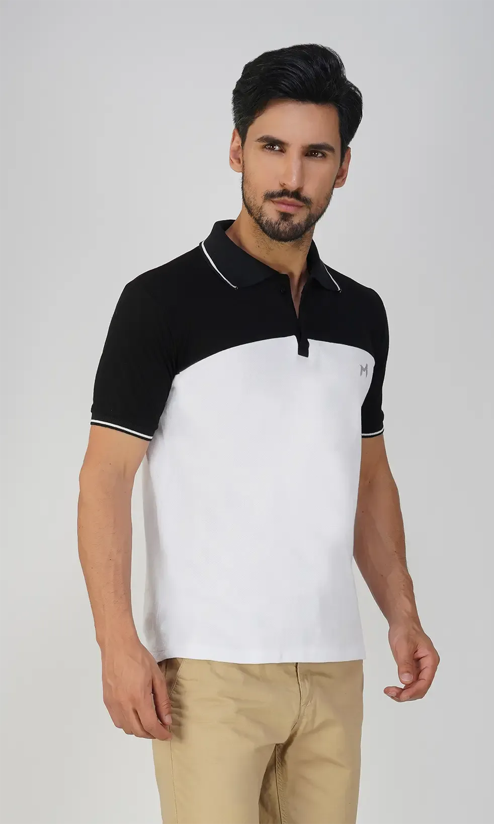 Mebadass Cotton Men's Colorblocked Polo Collar T-shirt - White & Black