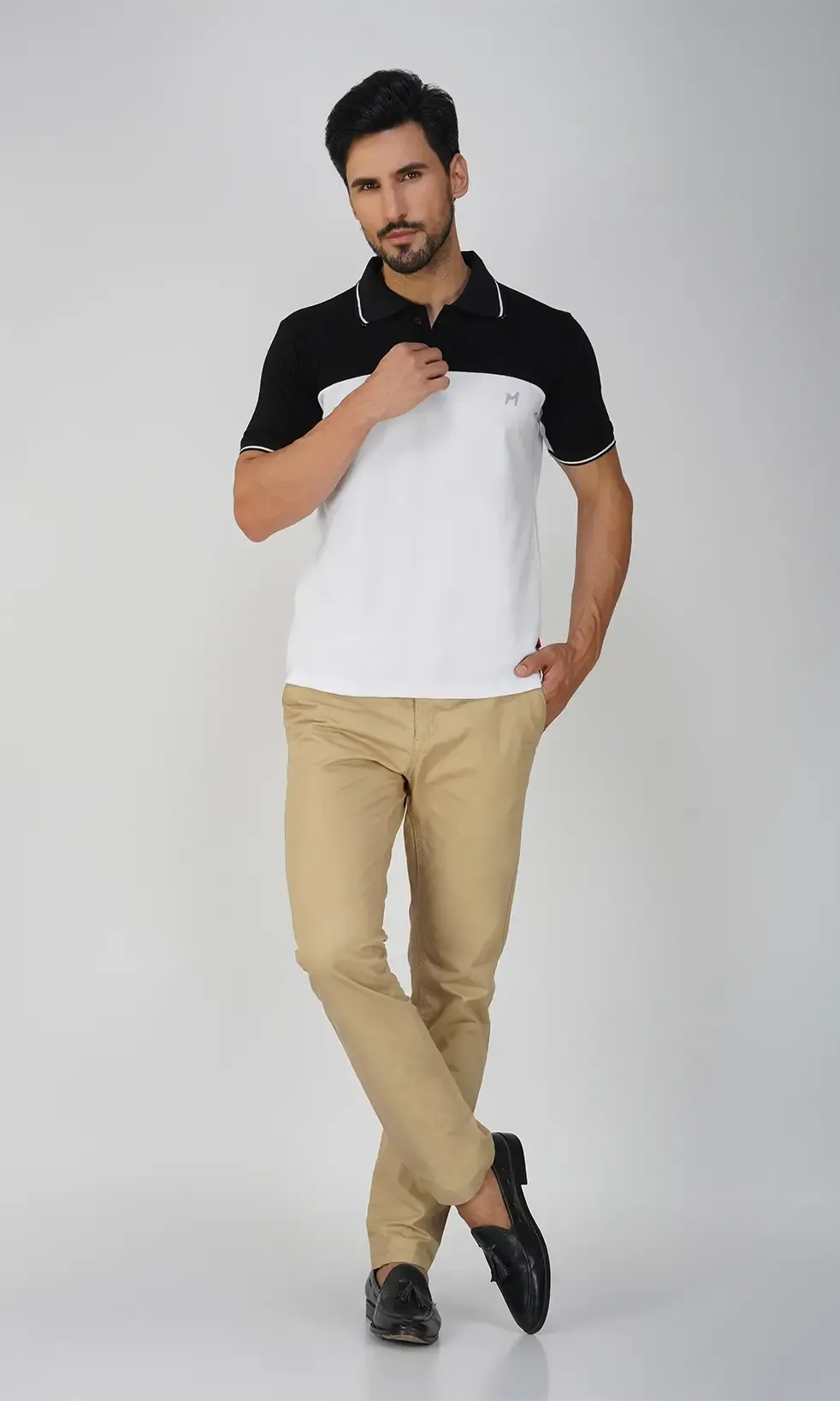Mebadass Cotton Men's Colorblocked Polo Collar T-shirt - White & Black