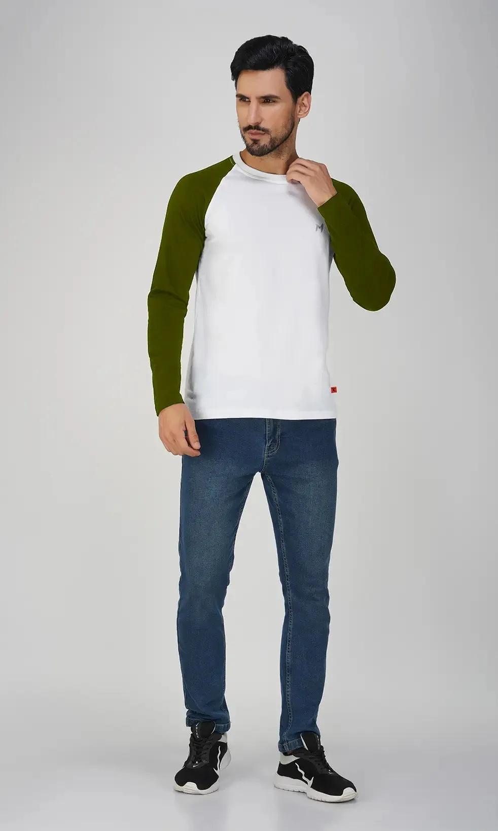 Mebadass Men's Fullsleeve  Raglan T-shirt - Olive White