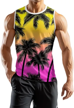 Mens Beach Tank Tops Sleeveless Hawaiian Shirts for Men Summer Palm Tree Graphic Workout Gym Tshirts