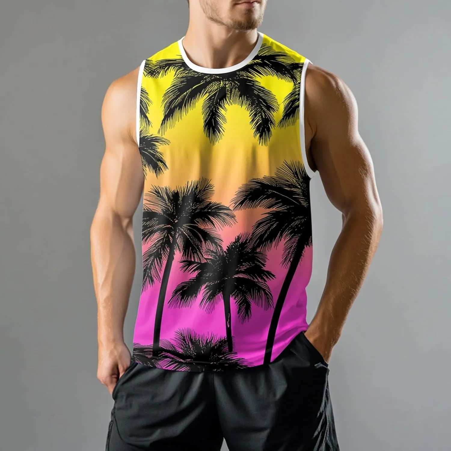 Mens Beach Tank Tops Sleeveless Hawaiian Shirts for Men Summer Palm Tree Graphic Workout Gym Tshirts