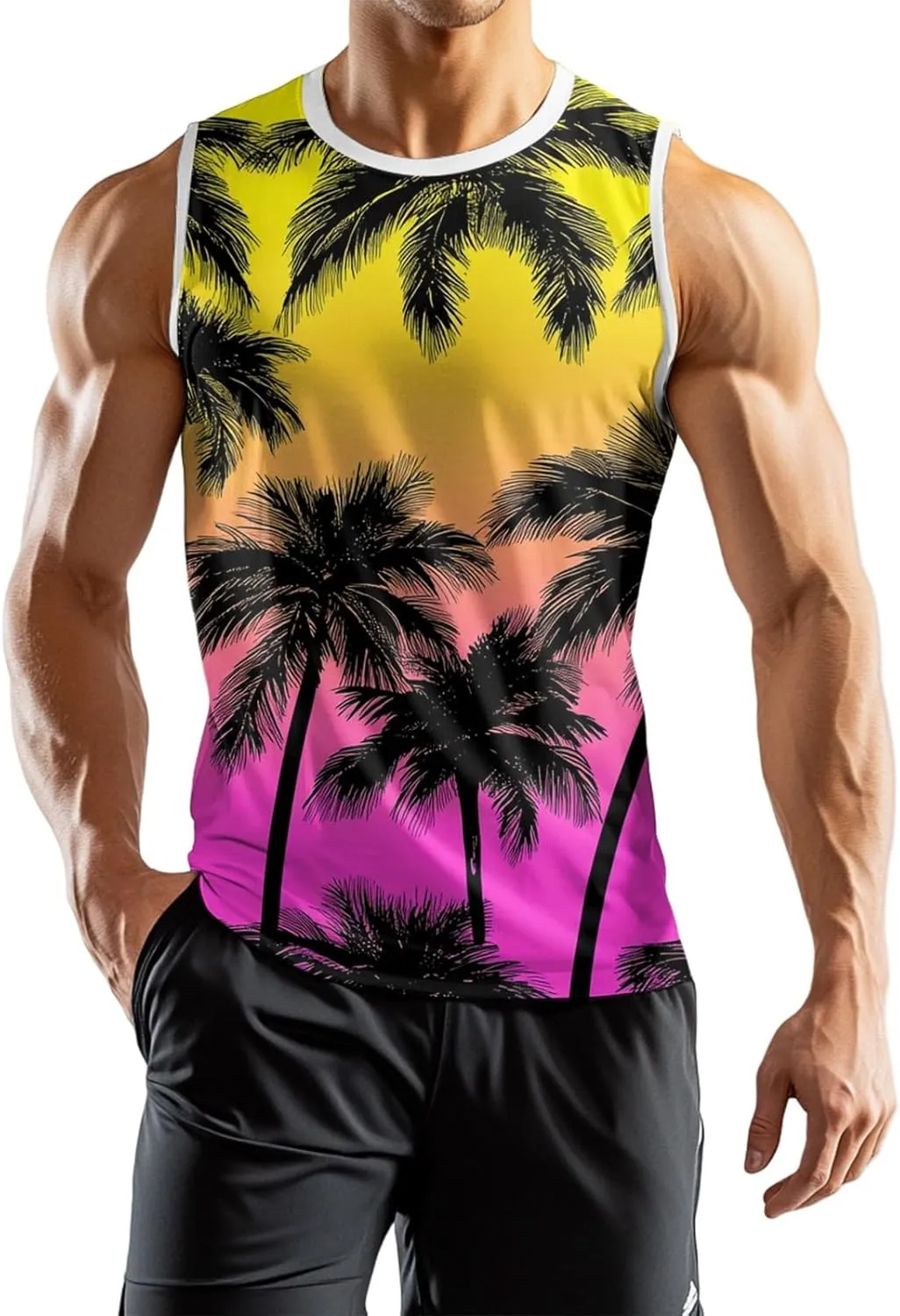 Mens Beach Tank Tops Sleeveless Hawaiian Shirts for Men Summer Palm Tree Graphic Workout Gym Tshirts