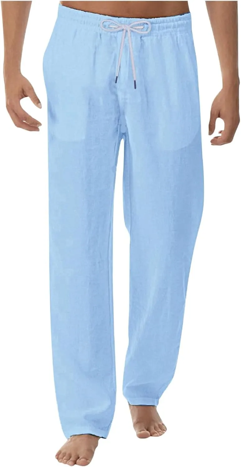 Mens Casual Pants Relaxed Fit Elastic Waist Baggy Linen Pants Lightweight Drawstring Summer Beach Yoga Trousers with Pockets
