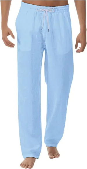 Mens Casual Pants Relaxed Fit Elastic Waist Baggy Linen Pants Lightweight Drawstring Summer Beach Yoga Trousers with Pockets