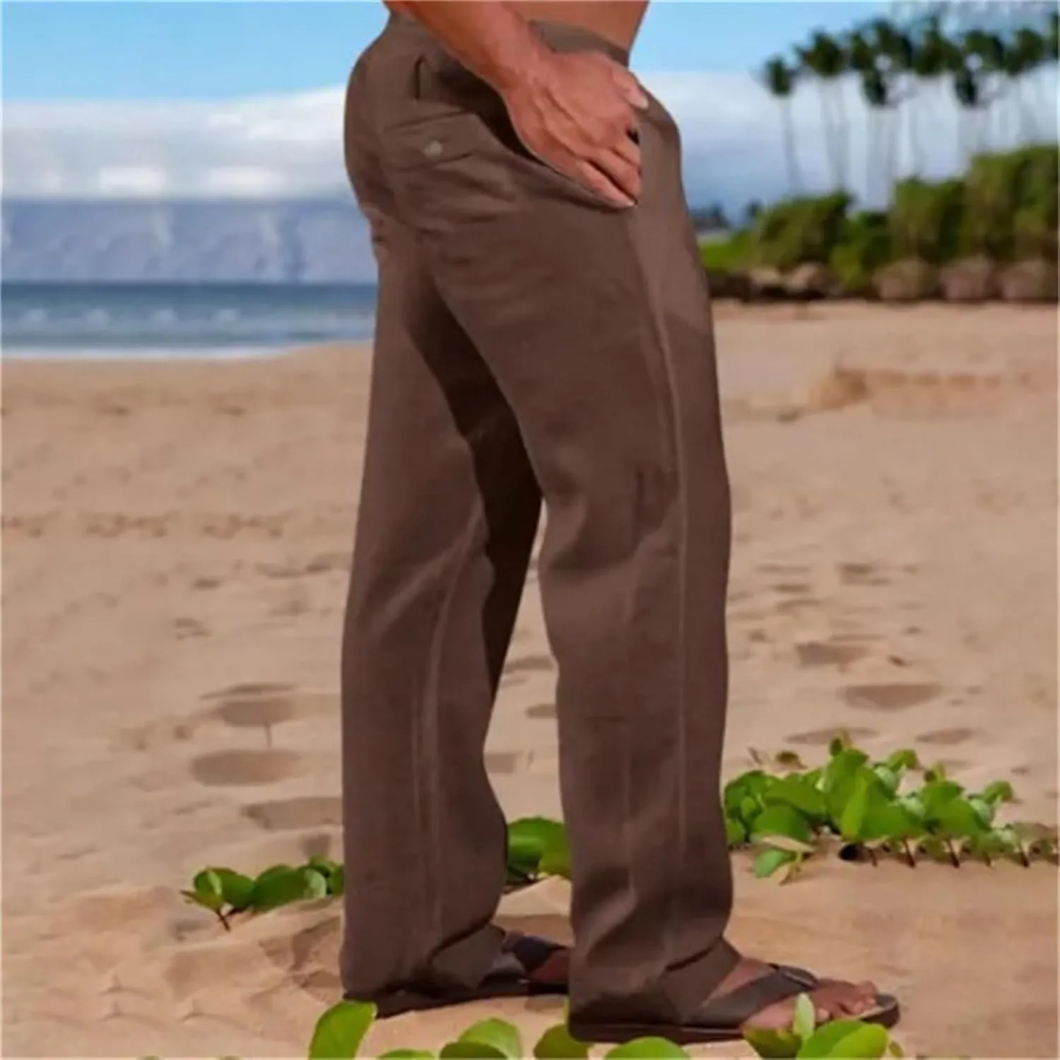 Mens Cotton Linen Pants Basic Casual Relaxed Fit Yoga Beach Sport Trousers Solid Color Breathable Elastic Drawstring