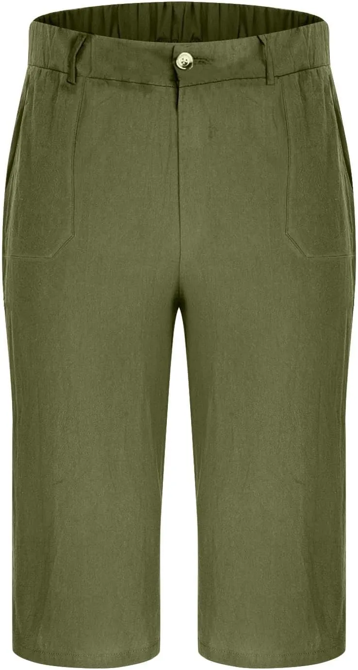 Mens Cropped Linen Pants with Button Closure Relaxed Fit Casual Beachwear Pants for Men Summer Style