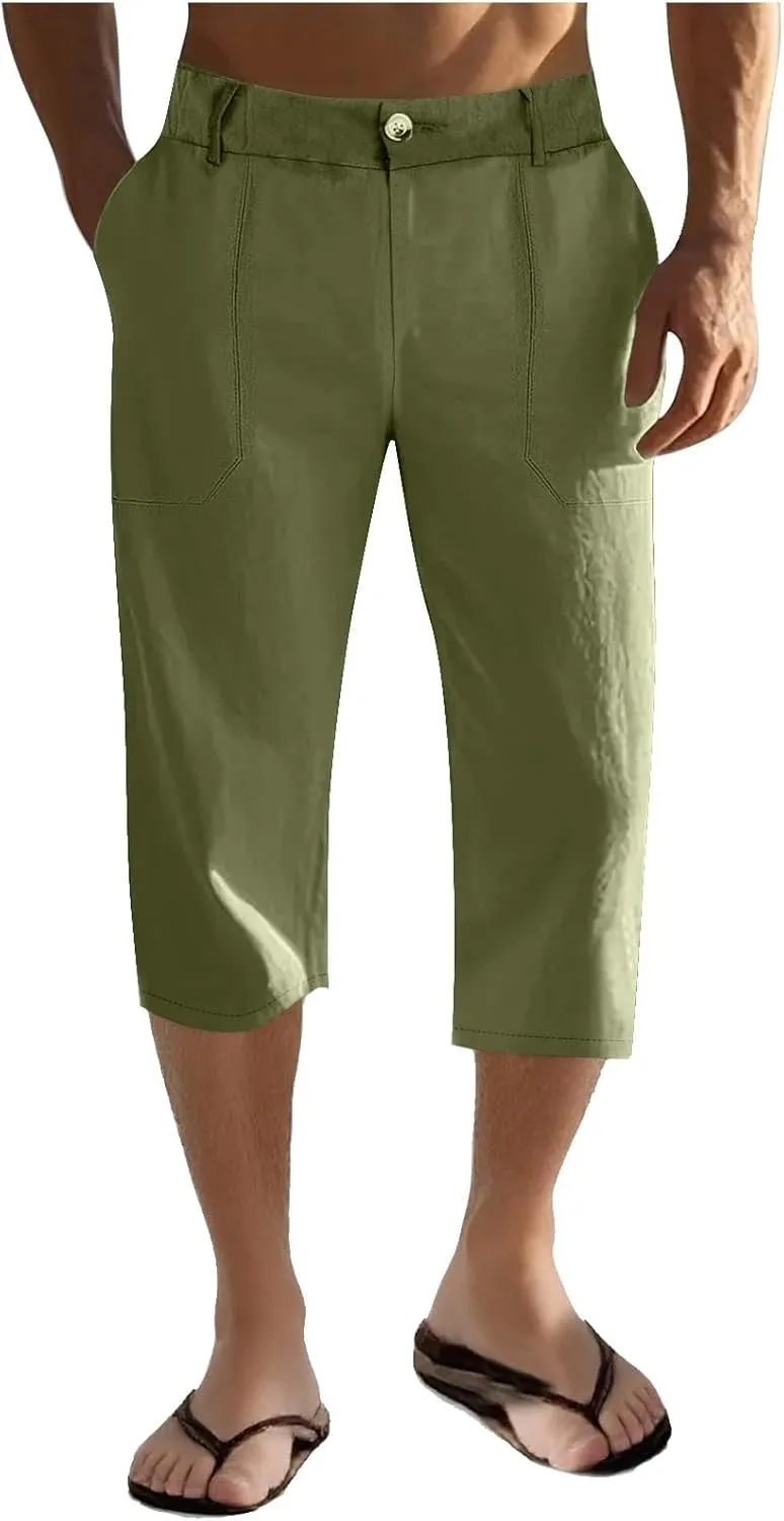 Mens Cropped Linen Pants with Button Closure Relaxed Fit Casual Beachwear Pants for Men Summer Style
