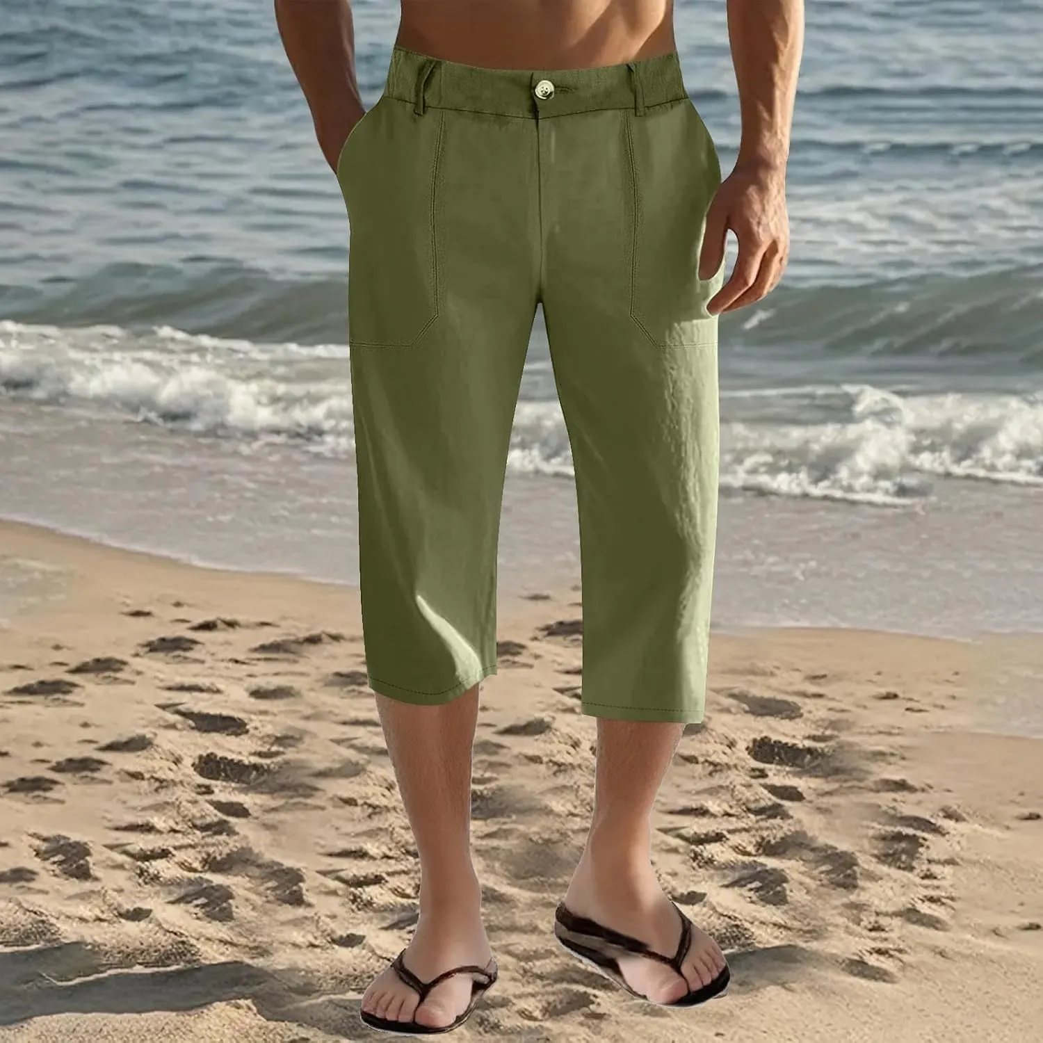 Mens Cropped Linen Pants with Button Closure Relaxed Fit Casual Beachwear Pants for Men Summer Style