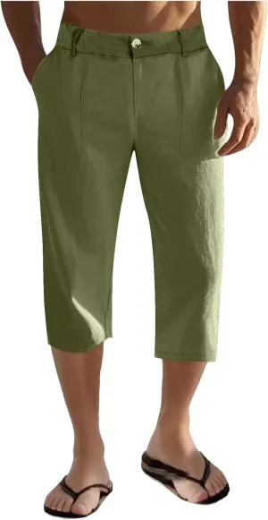 Mens Cropped Linen Pants with Button Closure Relaxed Fit Casual Beachwear Pants for Men Summer Style