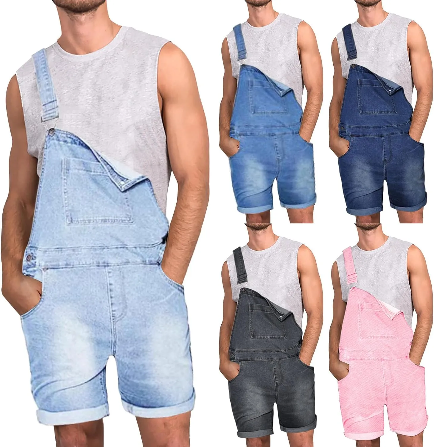 Mens Denim Shorts Bib Overall Jean Romper Casual Loose Walkshort Button Pockets 2024 Summer Outdoor Street Hiking Jumpersuit