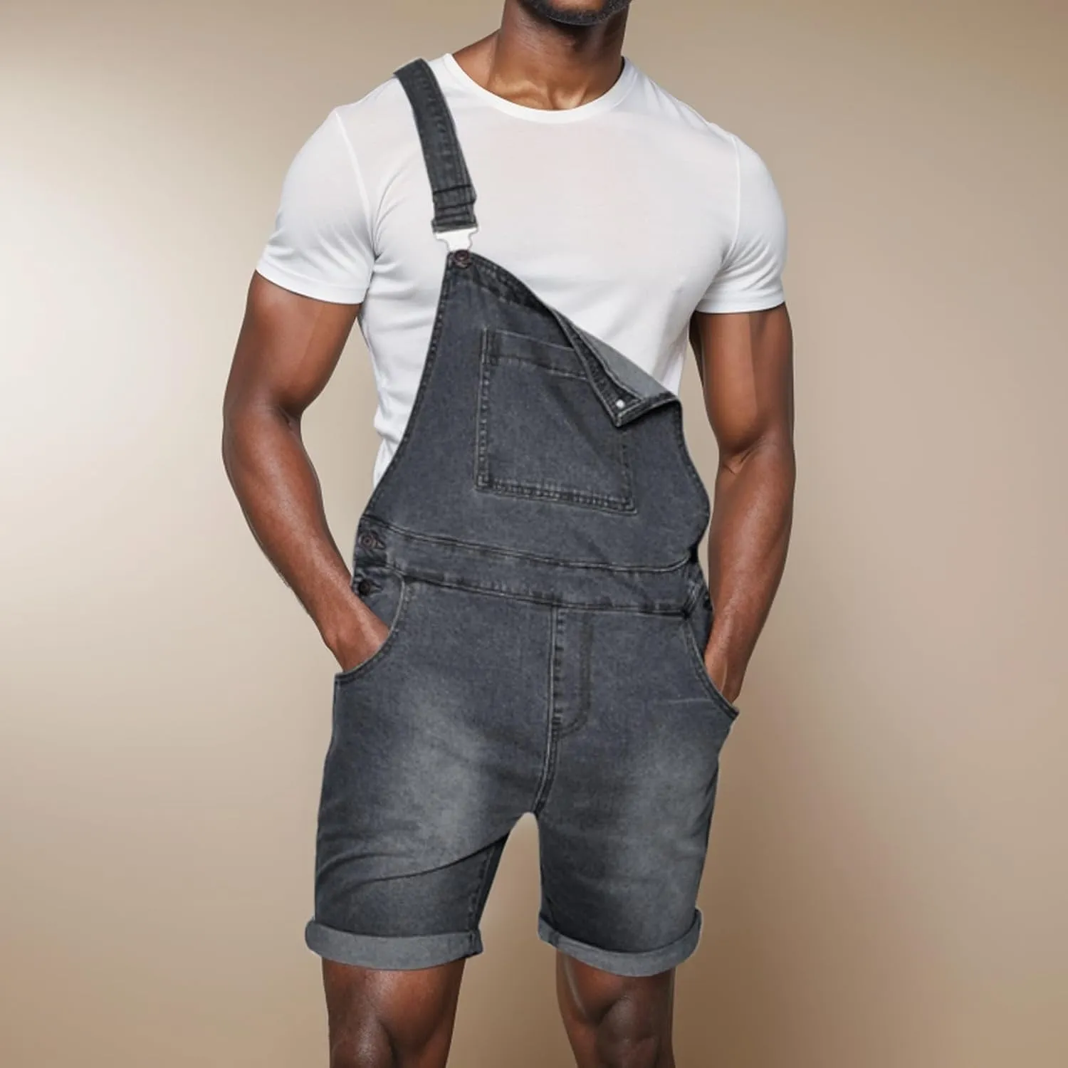 Mens Denim Shorts Bib Overall Jean Romper Casual Loose Walkshort Button Pockets 2024 Summer Outdoor Street Hiking Jumpersuit