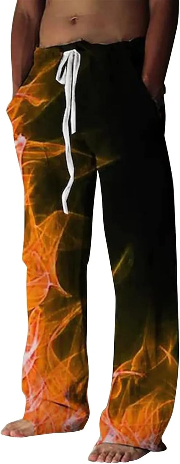 Mens Fashion Casual Printing Linen Pocket Lace Up Pants Joggers Relaxed Fit Stretch Sweatpants Athletic Pants