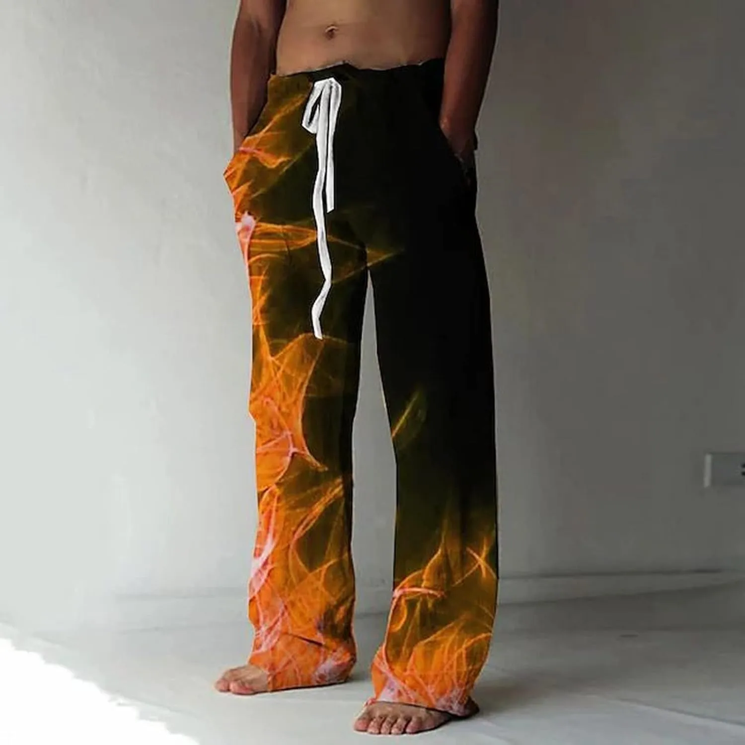 Mens Fashion Casual Printing Linen Pocket Lace Up Pants Joggers Relaxed Fit Stretch Sweatpants Athletic Pants
