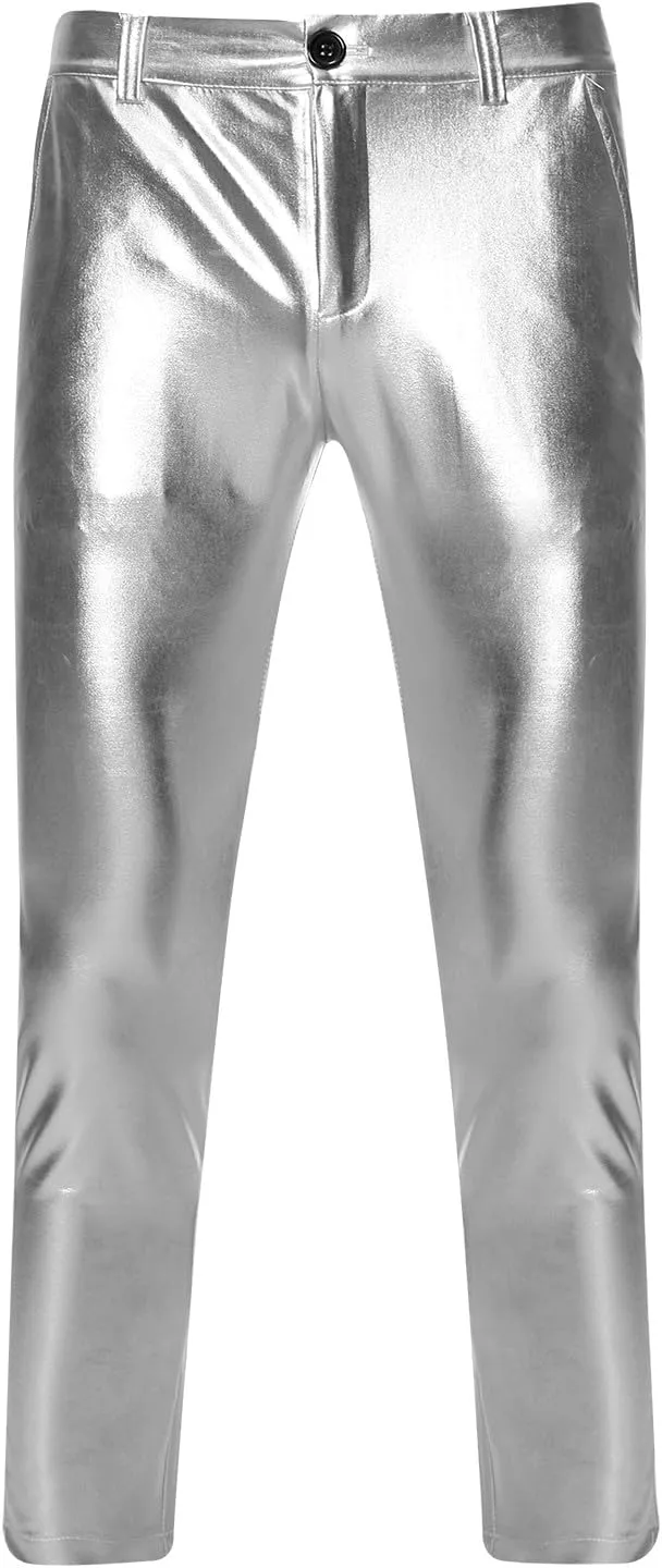 Mens Metallic Shiny Pants Night Club Party Hot Pant Slim Fit Trousers Straight Leg Pants Gold Silver Trouser Bright Bottoms