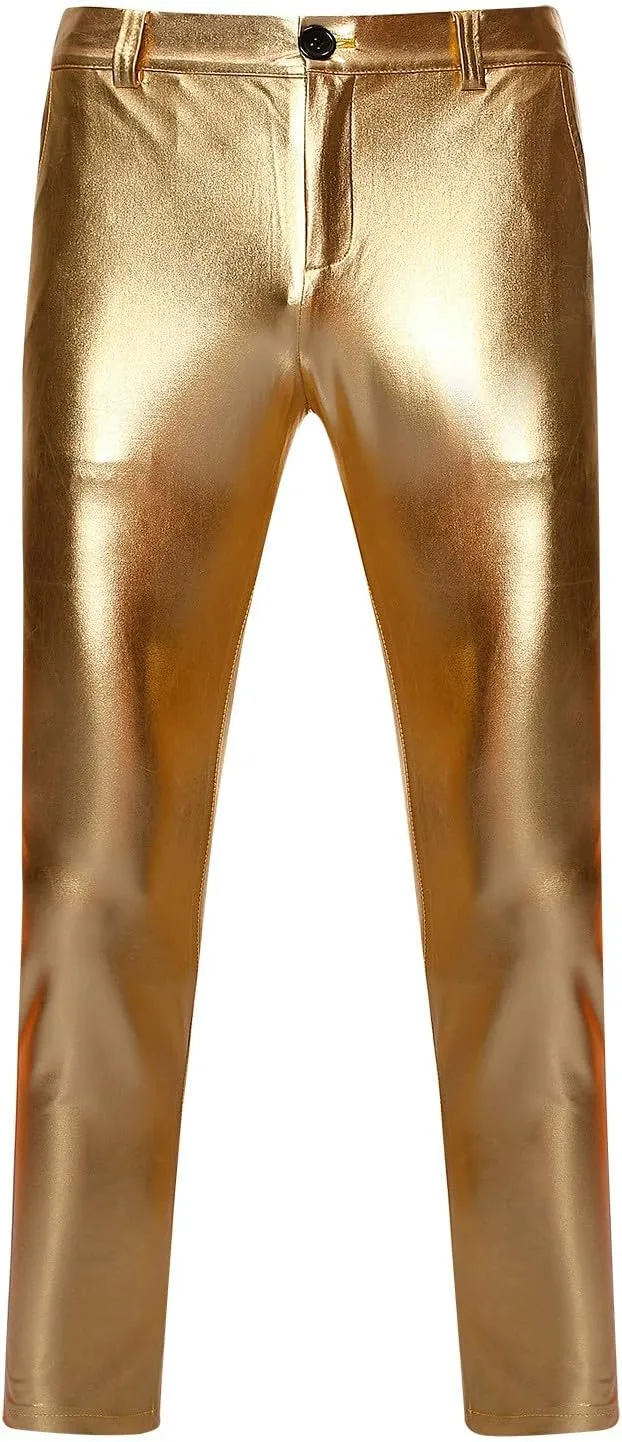 Mens Metallic Shiny Pants Night Club Party Hot Pant Slim Fit Trousers Straight Leg Pants Gold Silver Trouser Bright Bottoms