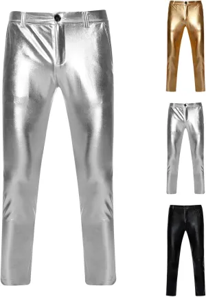 Mens Metallic Shiny Pants Night Club Party Hot Pant Slim Fit Trousers Straight Leg Pants Gold Silver Trouser Bright Bottoms