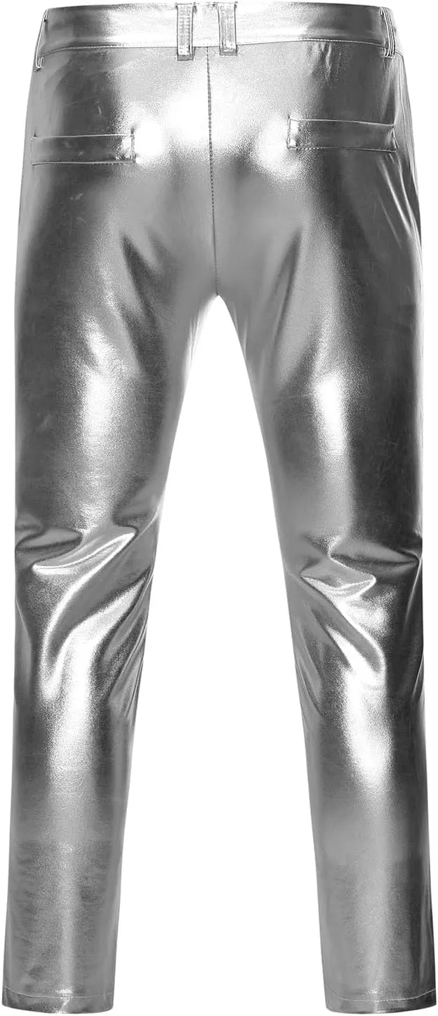 Mens Metallic Shiny Pants Night Club Party Hot Pant Slim Fit Trousers Straight Leg Pants Gold Silver Trouser Bright Bottoms