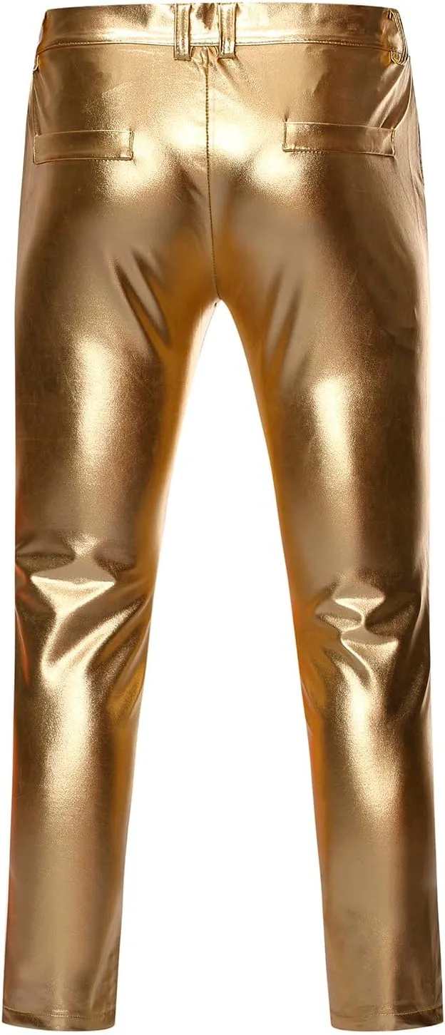 Mens Metallic Shiny Pants Night Club Party Hot Pant Slim Fit Trousers Straight Leg Pants Gold Silver Trouser Bright Bottoms