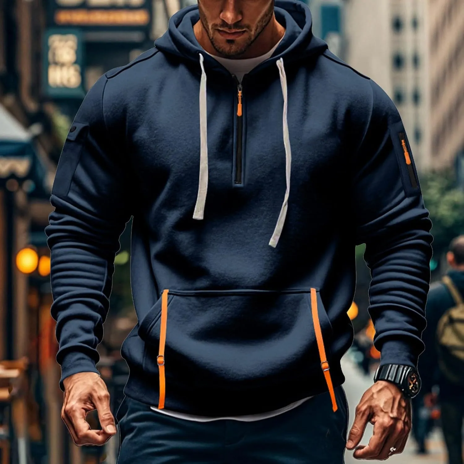 Mens Oversized Tactical Hoodie Fleece Quarter Zip Pullover Warm Work Hoodie Zip Pockets Plus Size Hooded Sweatshirt