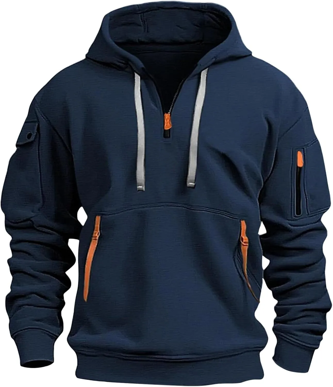 Mens Oversized Tactical Hoodie Fleece Quarter Zip Pullover Warm Work Hoodie Zip Pockets Plus Size Hooded Sweatshirt