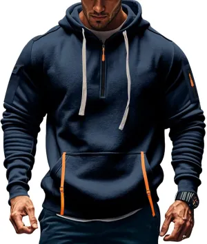 Mens Oversized Tactical Hoodie Fleece Quarter Zip Pullover Warm Work Hoodie Zip Pockets Plus Size Hooded Sweatshirt