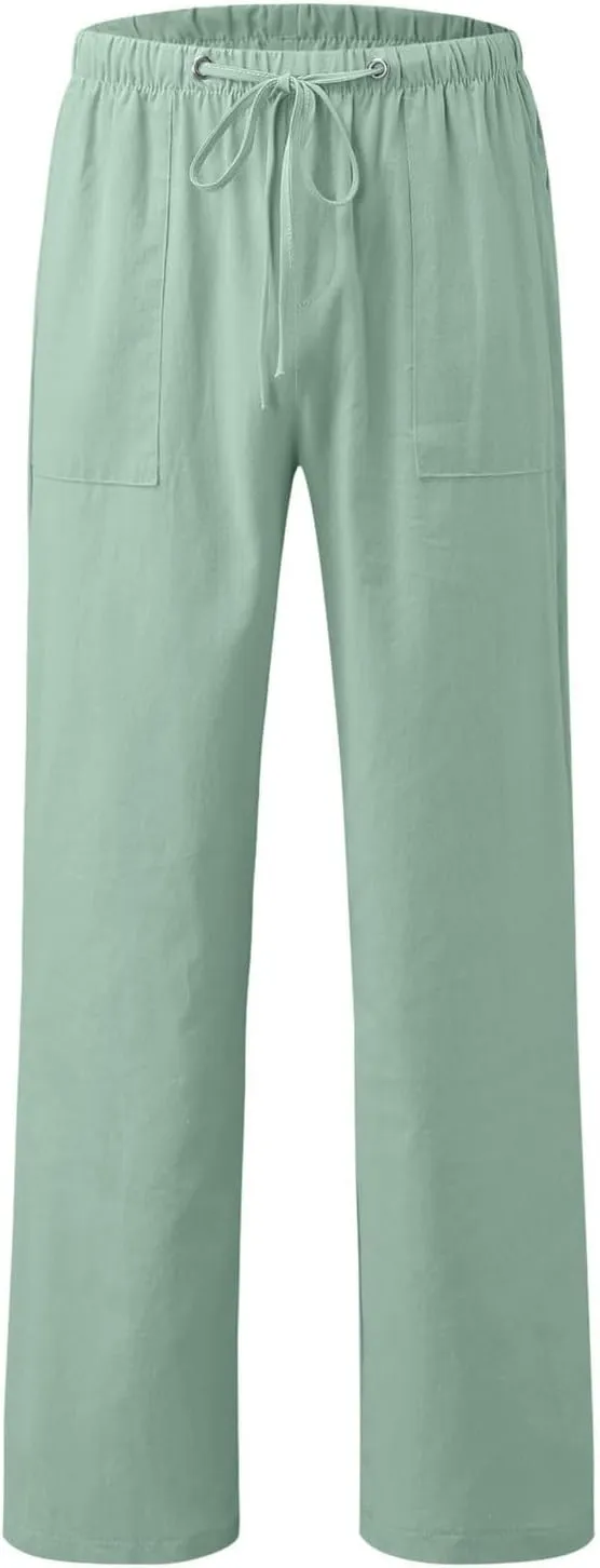 Men's Relaxed Fit Drawstring Linen Pants Casual Beachwear Comfortable Summer Lounge Pants for Outdoor Travel