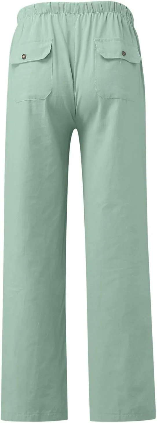 Men's Relaxed Fit Drawstring Linen Pants Casual Beachwear Comfortable Summer Lounge Pants for Outdoor Travel