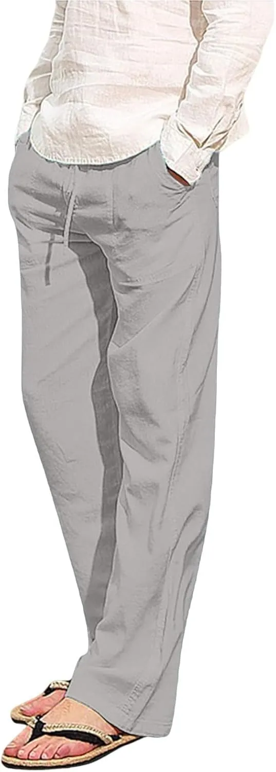 Men's Relaxed Fit Drawstring Linen Pants Casual Beachwear Comfortable Summer Lounge Pants for Outdoor Travel