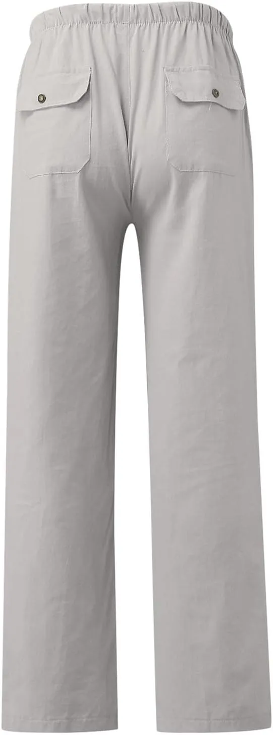 Men's Relaxed Fit Drawstring Linen Pants Casual Beachwear Comfortable Summer Lounge Pants for Outdoor Travel